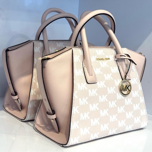 Michael Kors Avril Small Signature Logo Jacquard Satchel Bag Powder Blush - Picture 3 of 10